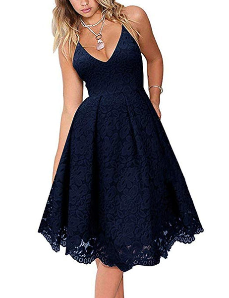 Women's Lace Floral V Neck Spaghetti Straps Backless Cocktail A-Line Dress for Party