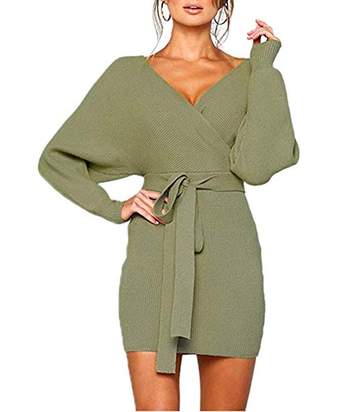 Women's Sexy Cocktail Batwing Long Sleeve Backless Mock Wrap Knit Sweater