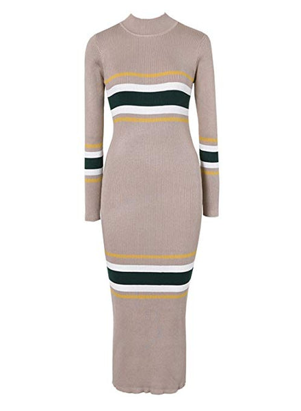 Women's Mock Neck Long Sleeve Striped Knit Sweater Midi Bodycon Dress