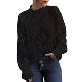 Women's Long Sleeve Lace Tops Casual Hollow Out Stand Collar Shirt Tees
