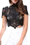 Women's Short Sleeve Sheer Mesh Floral Lace Crochet Crop Top Sexy Scallop Blouse