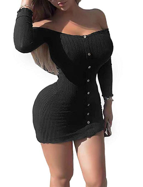 Knitted Botton Down Mini Club Dress Bodycon Tops Blouse Long Sleeve Pullover Sweater Dress