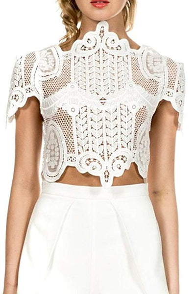 Women's Short Sleeve Sheer Mesh Floral Lace Crochet Crop Top Sexy Scallop Blouse