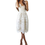 Women's Sleeveless Spaghetti Strap V Neck Party Evening Backless Lace Gown Cocktail Dress