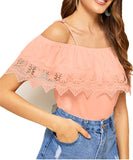 Women Cold Shoulder Shirt Guipure Lace Top Tunic Blouse S-XL