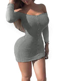 Knitted Botton Down Mini Club Dress Bodycon Tops Blouse Long Sleeve Pullover Sweater Dress