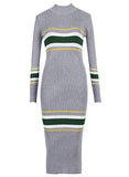 Women's Mock Neck Long Sleeve Striped Knit Sweater Midi Bodycon Dress
