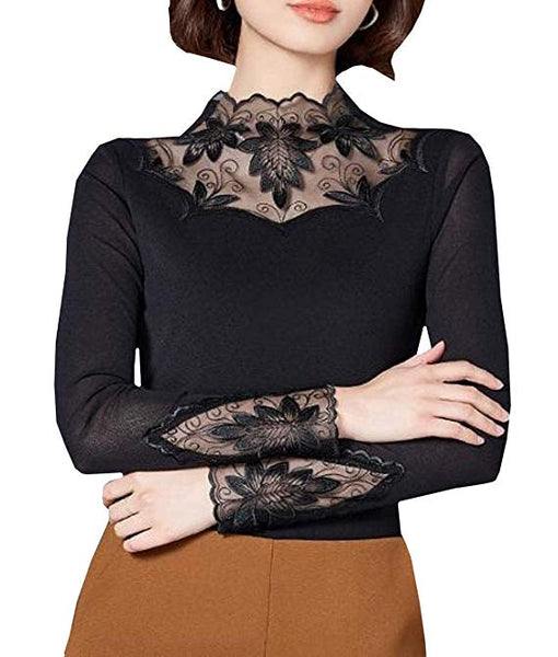 Women's Floral Lace Inner Tops Turtleneck Sheer Long Sleeve Sexy Blouse