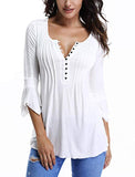 Womens Pleated Front Henley Shirts 3/4 Bell Sleeve Button Down Blouses
