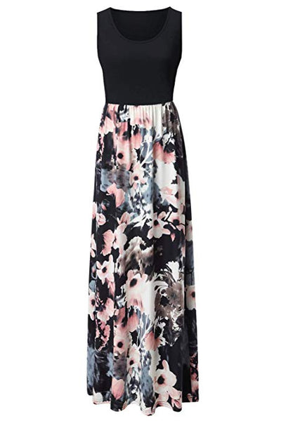 Summer Contrast Sleeveless Tank Top Floral Print Maxi Dress
