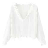 Women's Loose Long Sleeve V-Neck Ripped Pullover Knit Sweater Crop Top