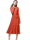 Long Sweater Dress Spring Autumn Cashmere Belt Fitted Waist Big Swing Midi Dresses