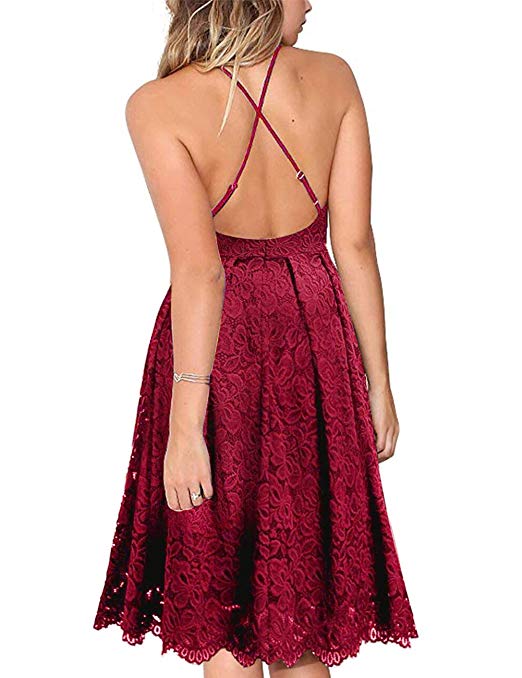 Women's Lace Floral V Neck Spaghetti Straps Backless Cocktail A-Line D ...