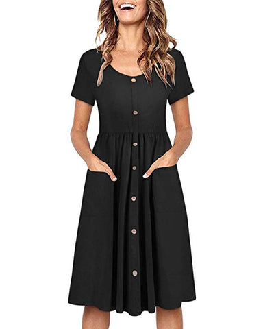 Long Sleeve V Neck Button Down Skater Dress with Pockets