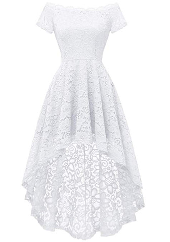 Women's Lace Off Shoulder Hi-Lo Short Sleeve Formal Cocktail Dress