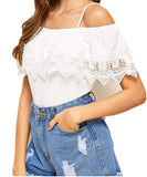 Women Cold Shoulder Shirt Guipure Lace Top Tunic Blouse S-XL