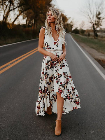 Floral V Neck Backless Bohemia Asymmetry  Maxi Dress