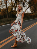 Floral V Neck Backless Bohemia Asymmetry  Maxi Dress