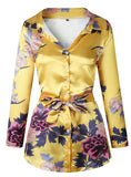 Floral Print Notched Dress Women 2018 Summer Long Sleeve Sexy Split