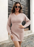 V-NECK LONG SLEEVE HIGH WAIST SWEATER DRESS