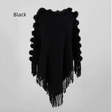 FRINGED FUR BALL ROUND COLLAR PULLOVER CAPE SHAWL
