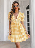 PLAID DEEP V-NECK BUBBLE SLEEVE A-LINE DRESS