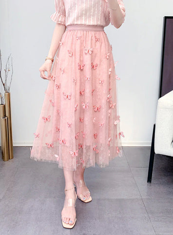 THREE-DIMENSIONAL BUTTERFLY EMBROIDERED GAUZE SKIRT