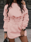 WOMEN'S SOLID O-NECK LONG SLEEVE FLEECE THICK DRESS