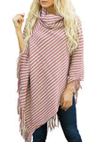 OBLIQUE STRIPED HIGH NECKED FRINGED CAPE SHAWL SWEATER