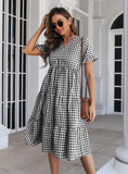PLAID V-NECK SHORT SLEEVE DRESS