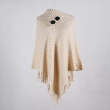 FRINGE BUTTON HALF COLLAR PULLOVER CAPE SHAWL