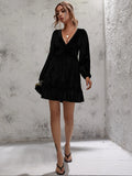DEEP V-NECK PUFF SLEEVE VELVET RUFFLED DRESS