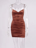 FASHION SATIN V-NECK BACKLESS PLEATED DRESS