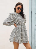 RUFFLED WOOD EAR COLLAR LONG SLEEVE PRINTED DRESS