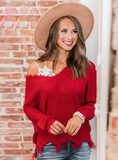 OFF THE SHOULDER SWEATER FOR WOMEN FRINGE DISTRESSED KNITTED