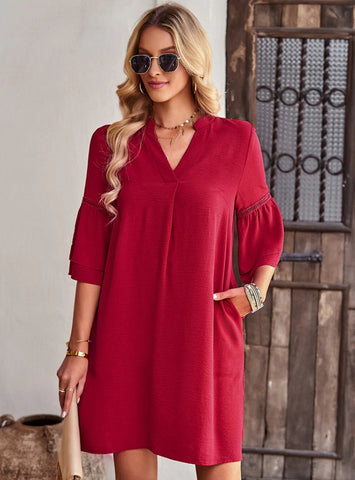 SOLID COLOR LOOSE V-NECK SHORT DRESS