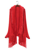 LOOSE FOX LIKE FUR COLLAR TASSEL KNITTED CARDIGAN SHAWL