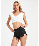 HIGH-BREASTED TASSEL DENIM SHORTS