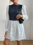 ROUND NECK BUBBLE SLEEVE STITCHING SHIRT DRESS