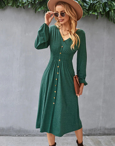 A-LINE V-NECK LONG SLEEVE DRESS