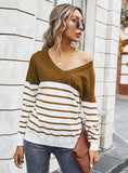 V-NECK STRIPED COLOR MATCHING SWEATER