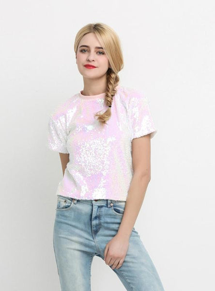 SLEEVE SOLID PINK SEQUINED LADY TOP O-NECK