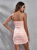 DRAWSTRING SATIN V-NECK PLEATED SATIN SLING DRESS