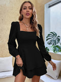SQUARE COLLAR LONG SLEEVE RUFFLED MINI DRESS