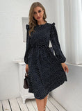 ROUND NECK LONG SLEEVE POLKA DOT DRESS