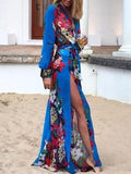 Long Sleeve Deep V Neck Side Split Chiffon Floral-Print Maxi Dress