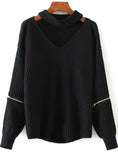 Women Knitted Choker Sweater V Neck Drop Shoulder 