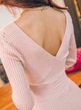 Spring Knitted Cotton Solid Skinny V-neck Sweater Dresses