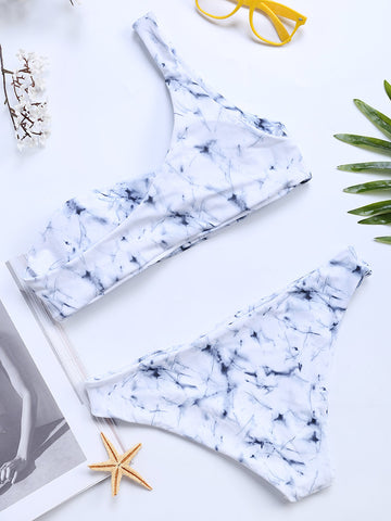 Printing Soft Backless Bikinis Single Strap Marble Swimsuit