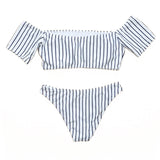 Off Shoulder Striped Short Sleeve Bikini Set